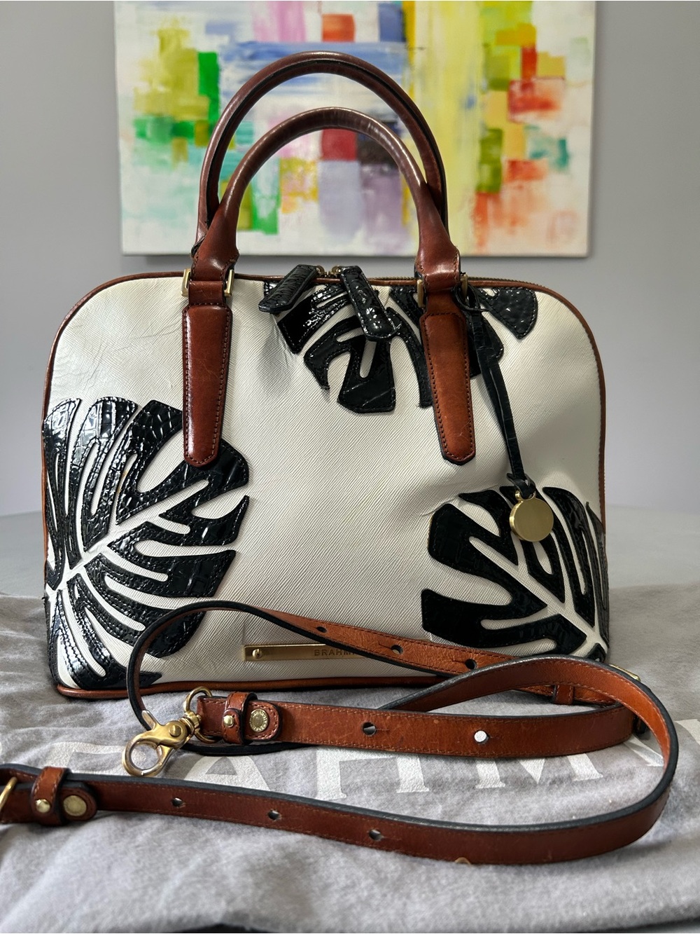 BRAHMIN MONACO WHITE & BLACK LEAF LEATHER APPLIQUE SATCHEL